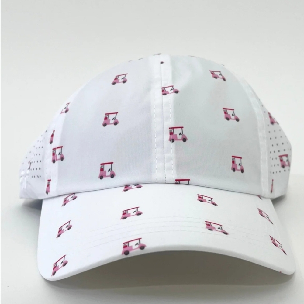 White and Pink 6-Panel Hat with Curved Brim